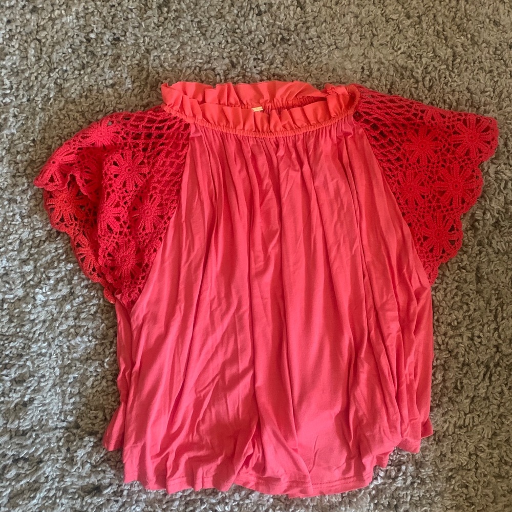 Free People Coral Crocheted Top